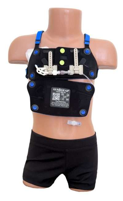 lock-2000-cobalt-opened Gus Gear LOCK 2000 Vest in Cobalt , front view, front flap opened, with central line secured by the Dual Safe Strip (included with the LOCK 2000 Vest).