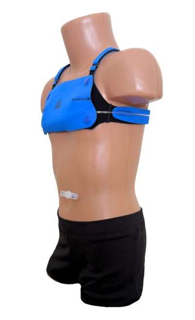 lock-2000-cobalt-side Gus Gear LOCK 2000 Vest in Cobalt , side view, closed, with infusion tubing running out the front flap and around the side of the Vest.