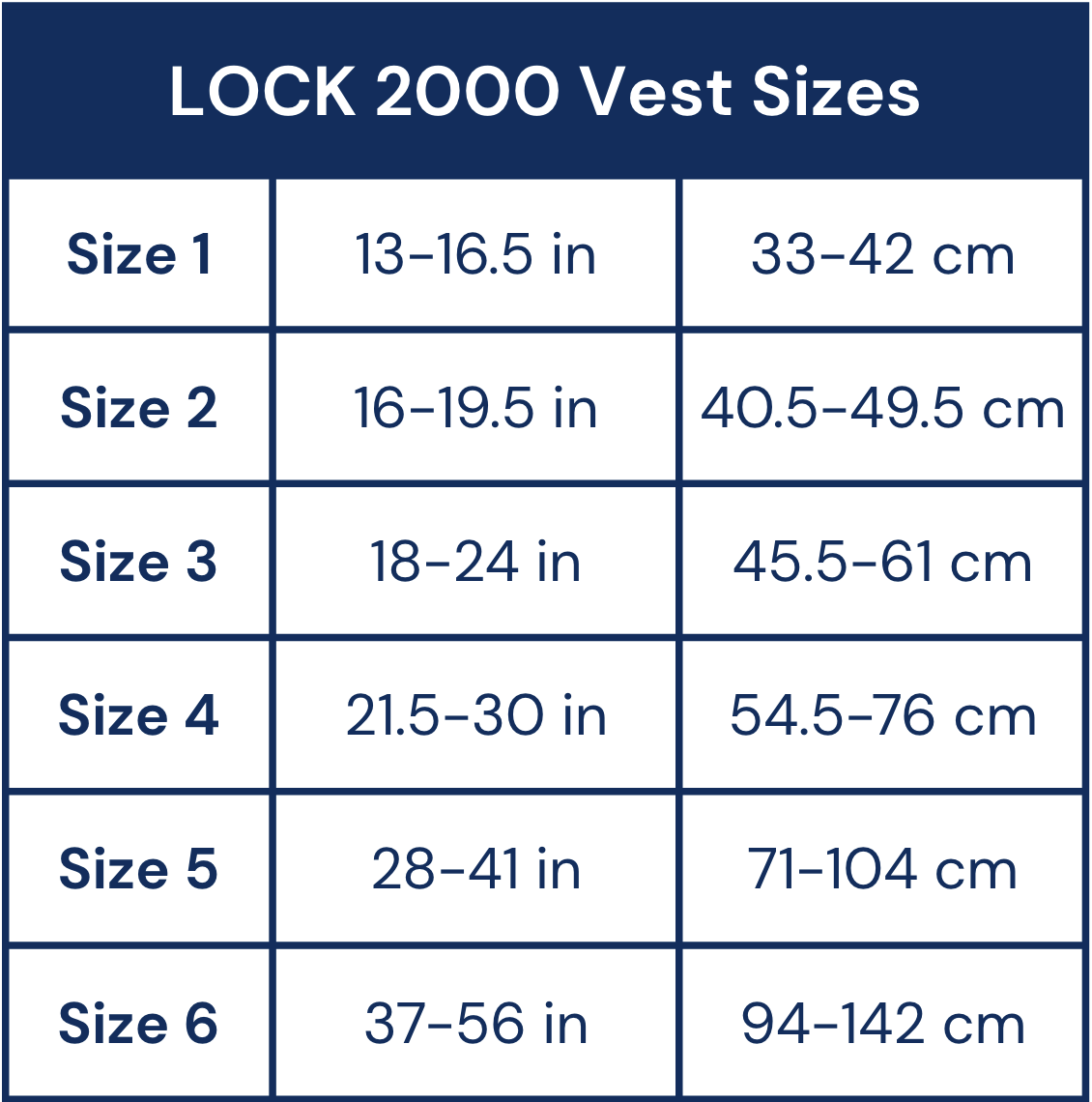 LOCK 2000 Vest Sizes